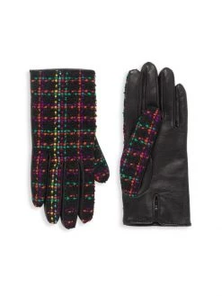 Saint Laurent Leather Checked Tweed Gloves