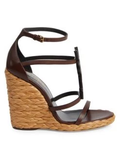 Saint Laurent Cassandra Strappy Leather Logo Raffia Wedges