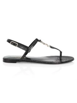 Saint Laurent Cassandra Croc-Embossed Leather Slingback Thong Sandals