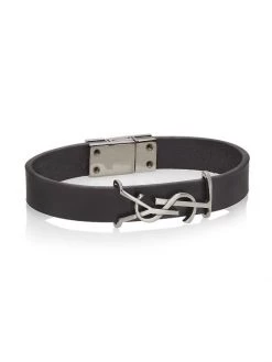 Saint Laurent Silvertone Leather Logo Bracelet
