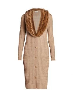 Saint Laurent Faux Fur Collar Cable-Knit Duster Cardigan