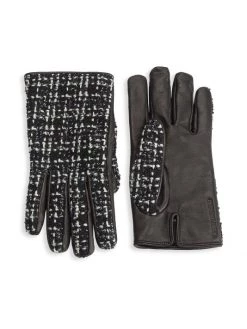 Saint Laurent Wool & Leather Checked Tweed Gloves