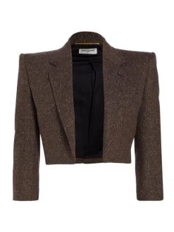 Saint Laurent Cropped Open-Front Herringbone Blazer