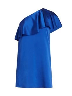 Saint Laurent Satin Silk One-Shoulder Ruffle Minidress