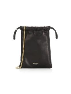 Saint Laurent Paris Leather Drawstring Pouch-On-Chain
