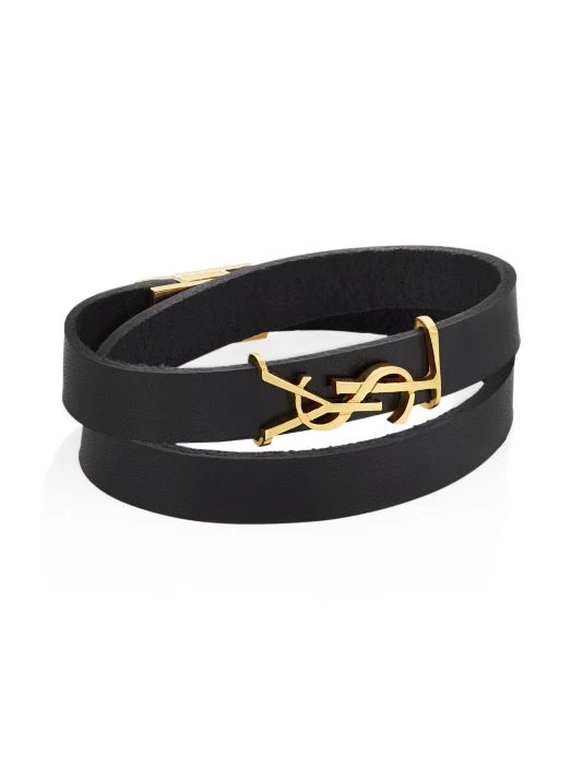 Saint Laurent Leather & Goldtone Metal Wrap Bracelet For Men 3 Saint Laurent Leather & Goldtone Metal Wrap Bracelet For Men