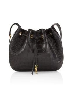 Saint Laurent Medium Seau Flat Croc-Embossed Leather Shoulder Bag