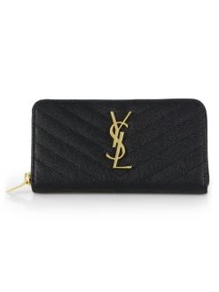 Saint Laurent Monogram Matelassé Leather Zip-Around Wallet Dark Beige