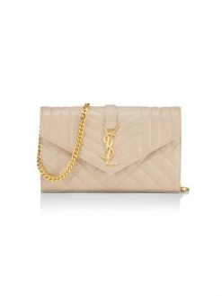 Saint Laurent Envelope Monogram Matelassé Leather Wallet-On-Chain Khaki